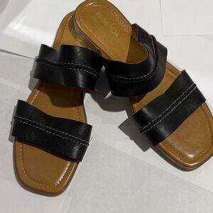 Coach and Four Black Double-Strap Slide Sandals with Tan Footbed